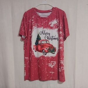 Red and White Antique Truck Merry Christmas Short Sleeve Tee Size XX-Large